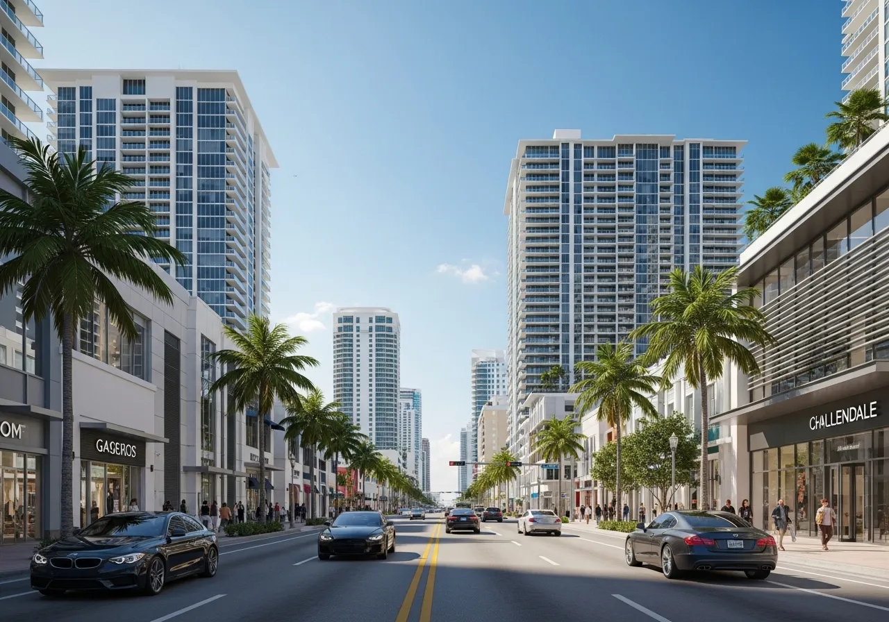 Calle de Hallandale con edificios modernos y palmeras.