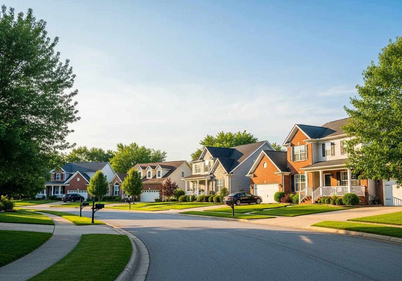 Calle residencial con diversas propiedades en Estados Unidos.