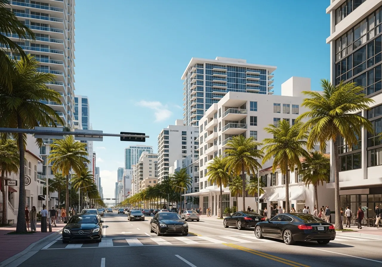 Vista realista de una calle de Miami Beach con condominios de lujo.