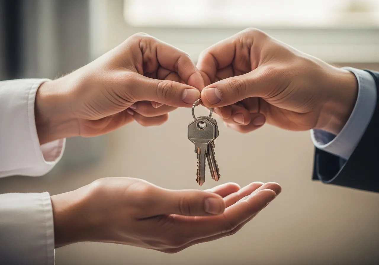 Close-up of hands exchanging house keys, symbolizing homeownership.
