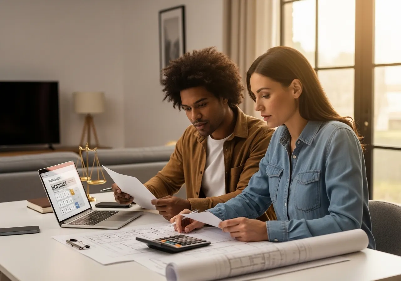 Pareja revisando documentos financieros para comprar una casa.