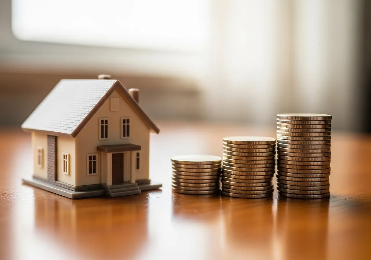 Miniature house with coins representing investment.